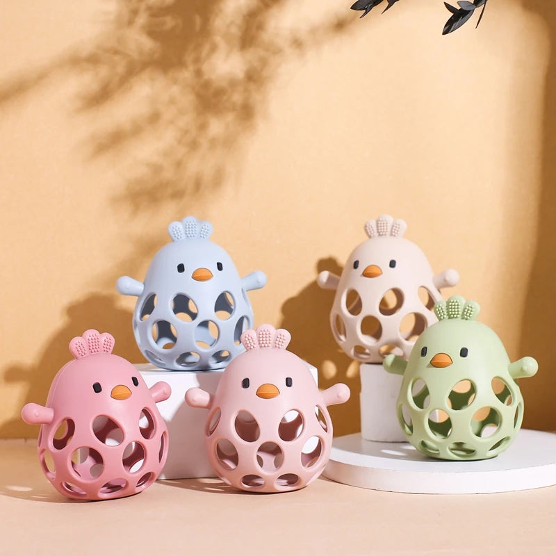 Baby Toys Silicone Hollow Teether BPA Free 0 12 Months Cartoon Cute Chick Infant Toys Silicone Rattle Baby Accessories Toys Gift