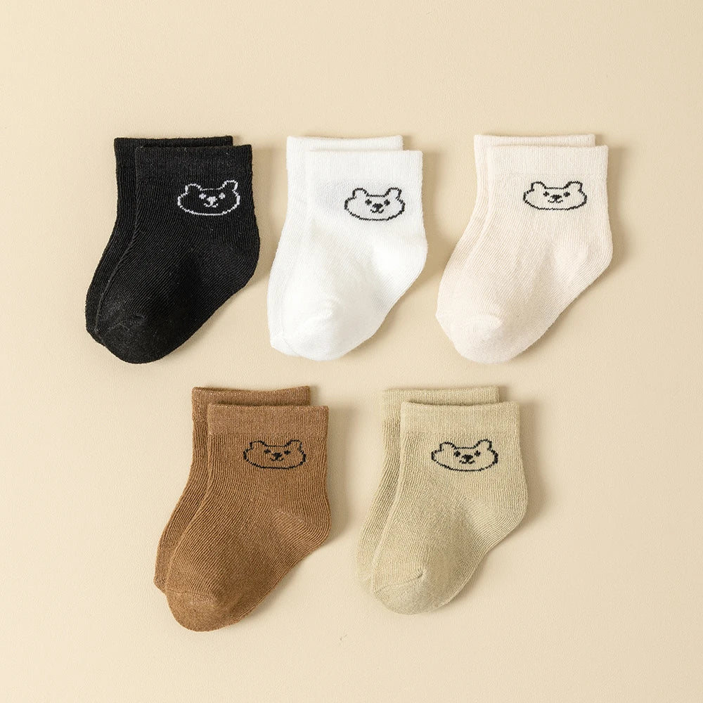 5pairs/set Cartoon Pattern & Solid Color Socks