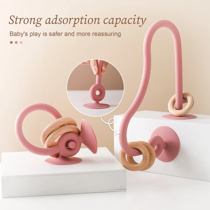 Baby Teether Toy Silicone Montessori 0-12 Months with Wooden Ring