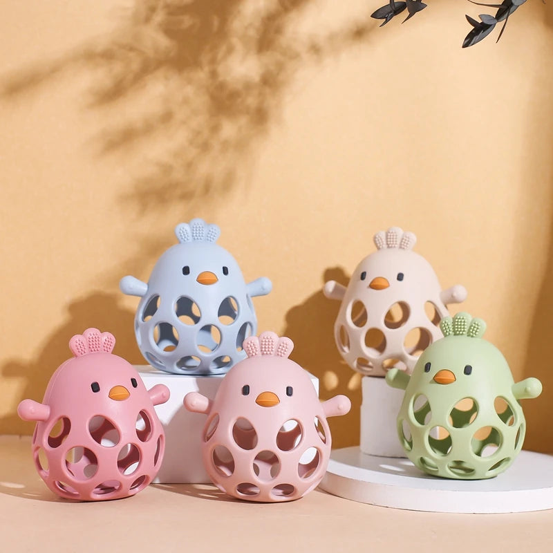 Baby Toys Silicone Hollow Teether BPA Free 0 12 Months Cartoon Cute Chick Infant Toys Silicone Rattle Baby Accessories Toys Gift