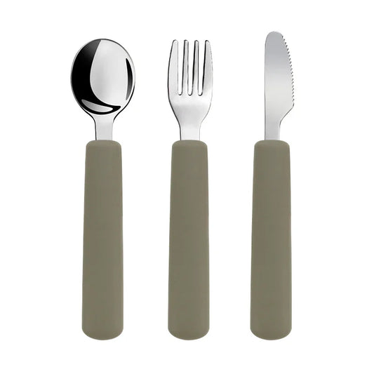 Food Grade Baby Silicone Handle Stainless Steel Spoon Fork Knife Toddler Safe Tableware Set Kids Easy Feeding Tools Baby Stuff