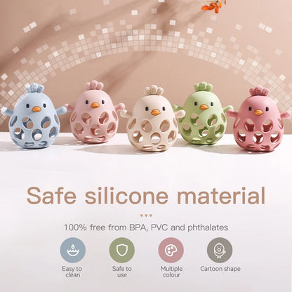 Baby Toys Silicone Hollow Teether BPA Free 0 12 Months Cartoon Cute Chick Infant Toys Silicone Rattle Baby Accessories Toys Gift