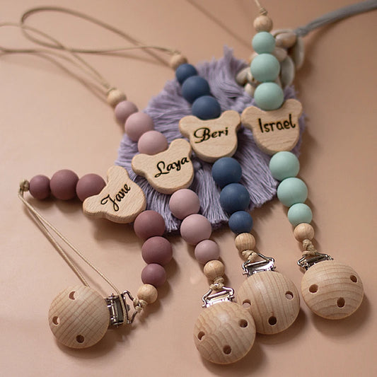 Custom Name Wooden Baby Pacifier Chain with Silicone Beads, Teether Pendant, Newborn Gift